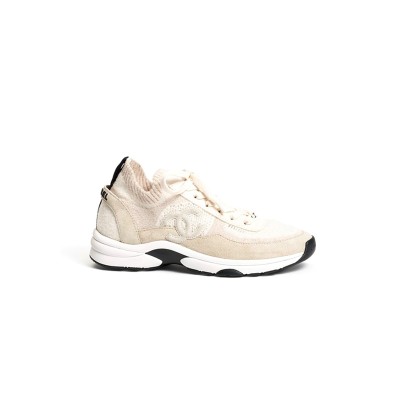 CHANEL WHITE KNIT FABRIC AND SUEDE CC LACE UP SNEAKERS G38750